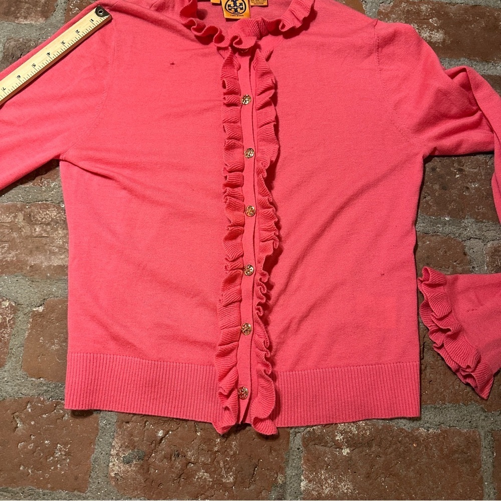 Tory Burch Bright Pink Ruffle Wool Cashmere Button Up Knit Cardigan Sweater XL - Picture 11 of 16